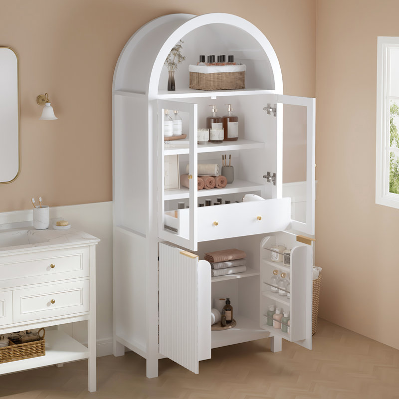 Grand garde-manger arqué cannelé blanc de 71 po avec tablettes réglables, pour porte de cuisine, de salon et de salle à manger en verre, support de porte, poignées en métal trempé