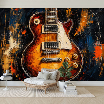 Wall Mural Peel and Stick Wallpaper Electric Guitar Abstract Painting Rustic Brown Black Acrylic Style Self-Adhesive Removable Contact Paper Wall Decor for Living Room Bedroom 100"H x 144"W
