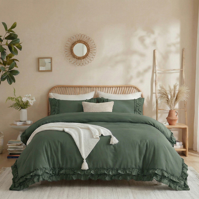 Ensemble de housse de couette 100% coton vert olive, ensemble de literie Coquette Aesthetic French Country, Vert olive