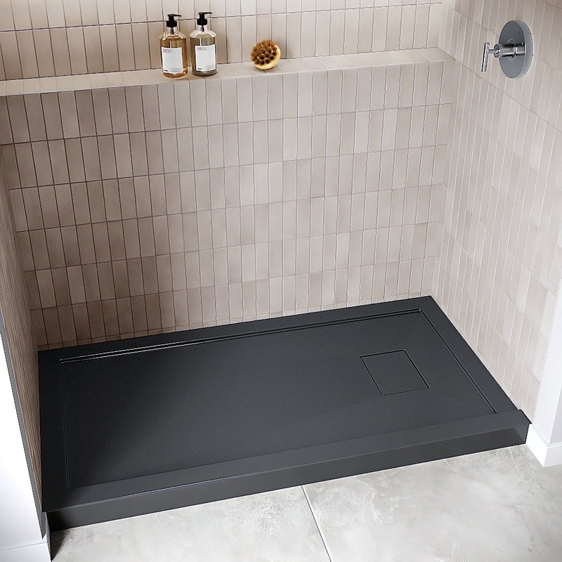 60 in. x 32 in. Alcove Acrylic Shower Base in Glossy Black With Right Drain, Drain Included, Glossy Black