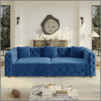 89" Extra Large Multifunctional Sofa Bed, 3-In-1 Pull Out Sofa, 4-Seater Classic Velvet Sofa With Tufted Design, Includes 3 Throw Pillows, Suitable For Apartments And Living Rooms,Blue