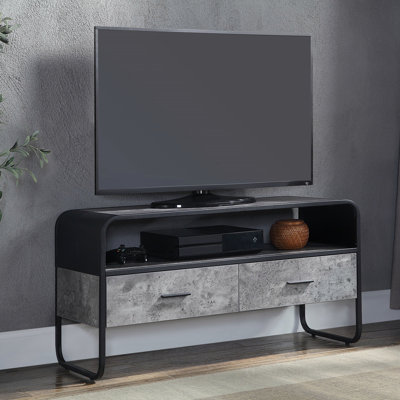 Meuble télé à structure métallique avec 2 tiroirs de rangement, gris béton et noir