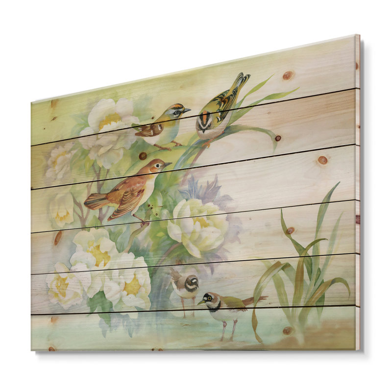 Fleurs et oiseaux dans un paysage rustique - impression traditionnelle sur bois de pin naturel, H 30 po x l 40 po x P 0,78 po