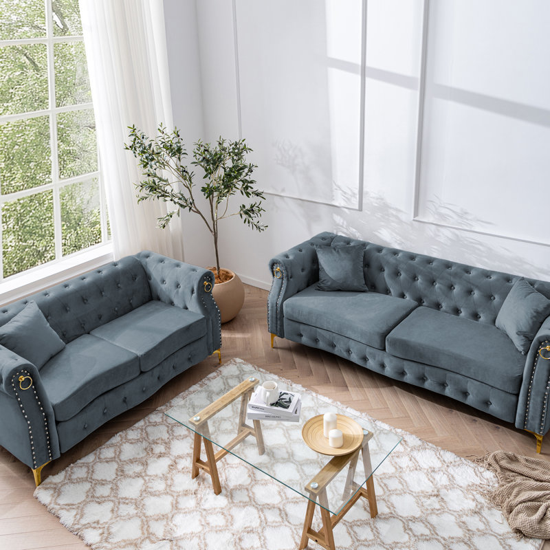 Ensemble de canapé rétro en velours Chesterfield pour le salon, Gris