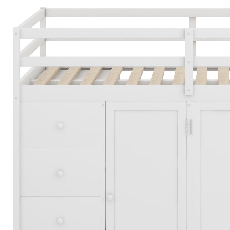 Lit mezzanine en bois avec armoires encastrées, Blanc