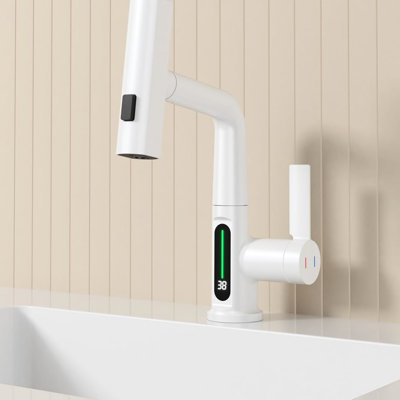 White Pull-Out Lift Basin Faucet With Led Temperature Indicator - 360 Rotatable, 31 Spout Modes, Adjustable Height Bathroom Sink Lift, Rotation, Height, Tap