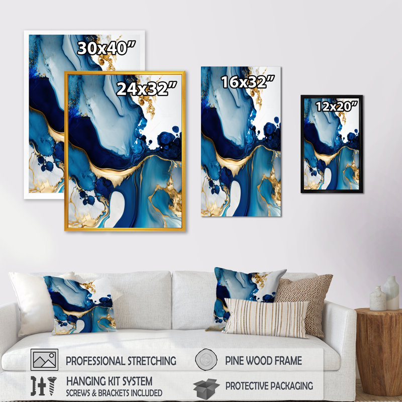 " Abstract Marble Geode Blue I ", 30" W x 40" H, Gold Floater Framed Canvas