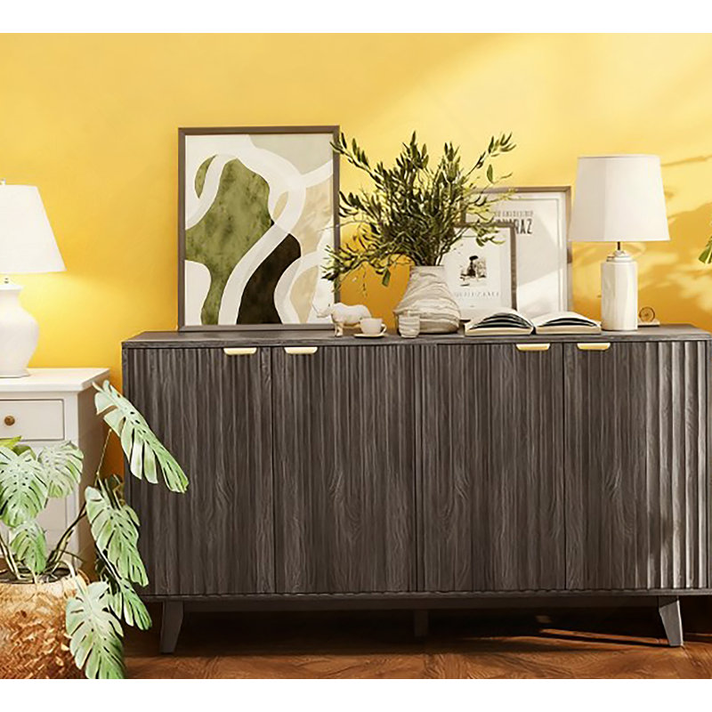 Coffee Bar Cabinet,Fluted Sideboard Buffet Cabinet,With Doors,Adjustable Shelves,Wood Legs, Dark Gray