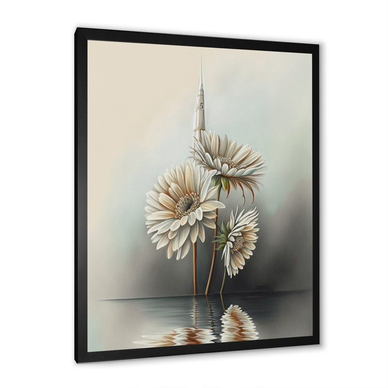 «White Gerber Flowers Hyperrealistic V», reproduction sur toile, Impression noire sur toile encadrée