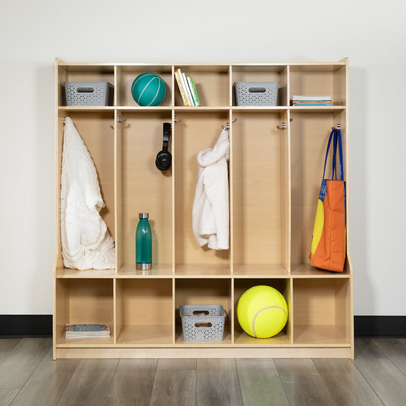 Natural Birch Wood 5-Section School Coat Locker with Bench and Cubbies