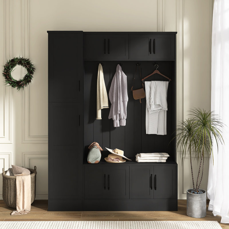 59" W Modern Hall Tree With 6 Cabinets, 4 Coat Hooks And Adjustable Shelf, Black