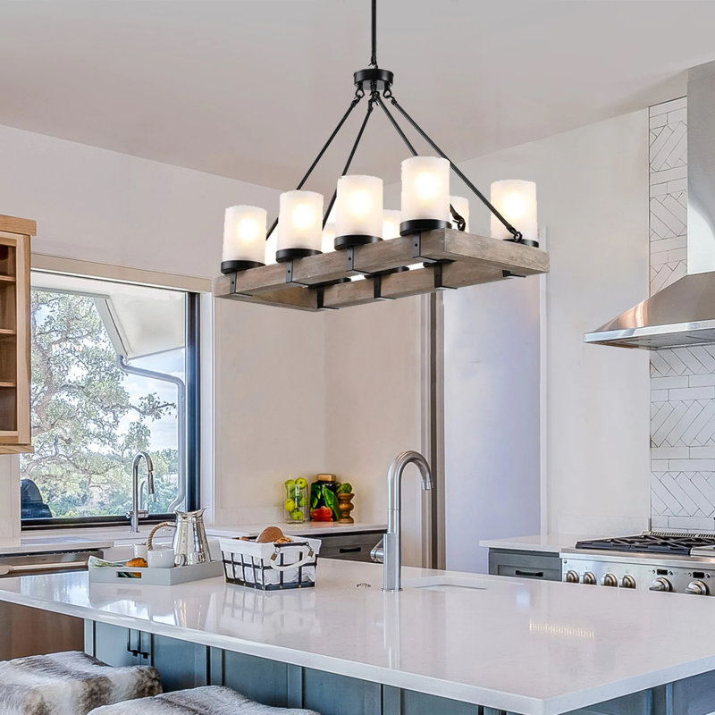 Luminaire suspendu linéaire pour îlot de cuisine à 8 lumières avec accents en bois Dirazan
