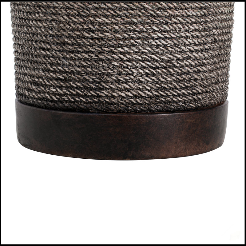 Outdoor Simulated Braided Cord MGO Side Table With Vintage Trim – Indoor Retro Cylindrical End Table For Home & Patio Decor