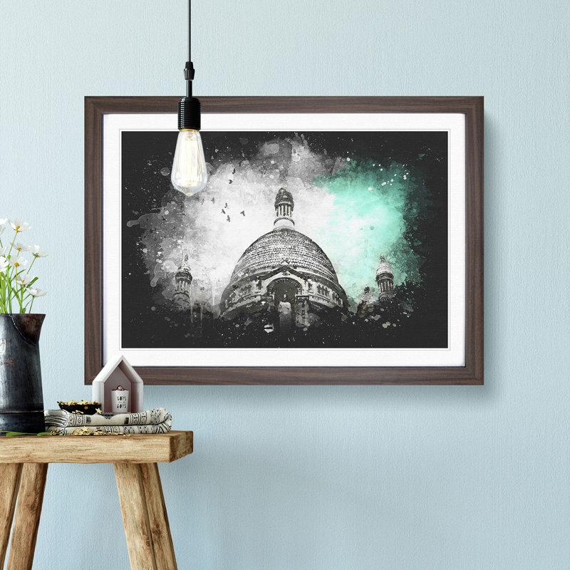 Birds Above Sacre Coeur Paris Paint Splash - Framed Print, 45cm H x 63cm W x 2cm D, Walnut Framed