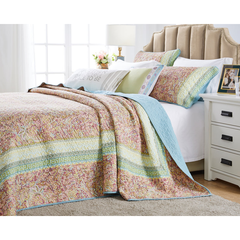 Queen Blue Microfiber Reversible Bedspread Set with Trim