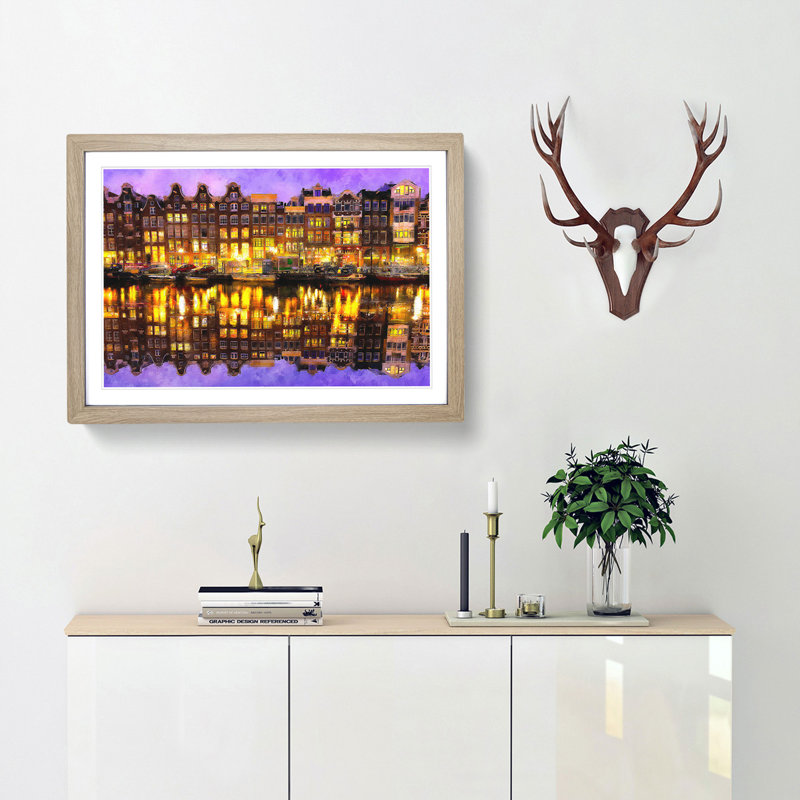 Amsterdam At Night - Single Picture Frame Painting on MDF, 24cm H x 33cm W x 2cm D, Oak