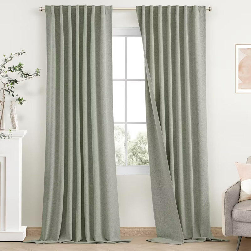 Blackout Linen Sage Green Curtains, Farmhouse Back Tab Living Room Curtains, 52" W x 90" L