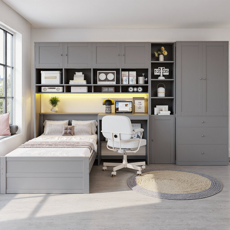 Lit mezzanine simple en bois avec bureau intégré, garde-robe, tablettes et tiroirs, éclairage à DEL intégré, meuble tout-en-un complet pour la chambre à coucher, conception peu encombrante