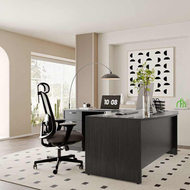 Bow Front L-Shaped Executive Desk With File Cabinet, Gray