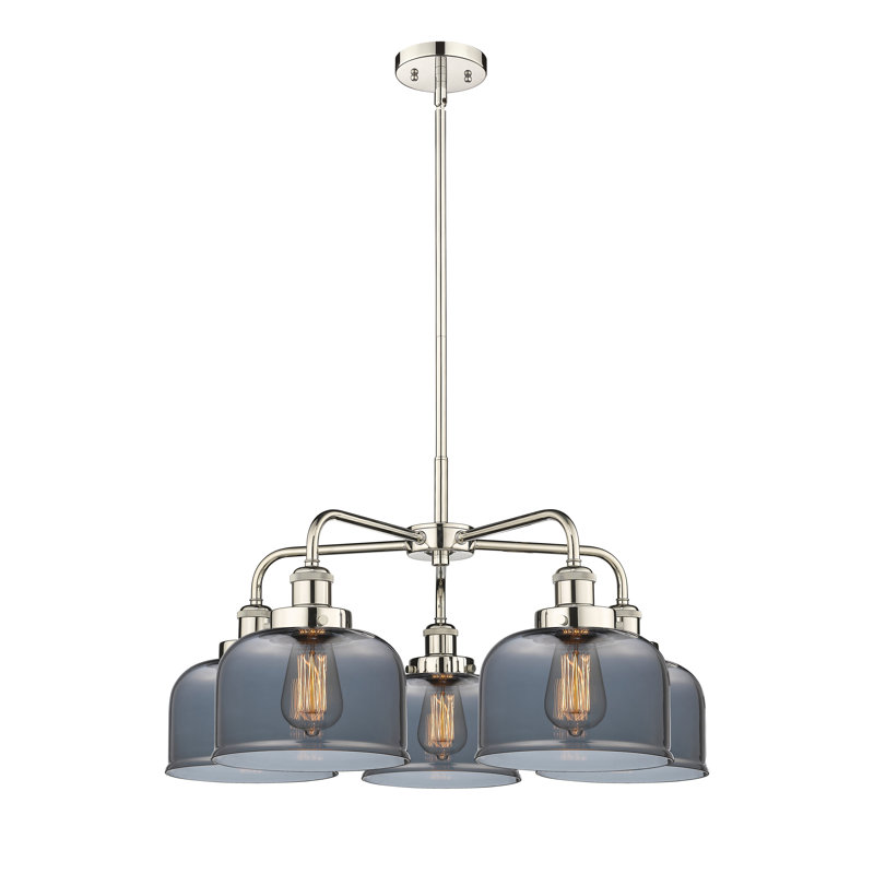 Lustre en verre à 5 lumières Bell, Plaqué couleur fumée, Nickel poli