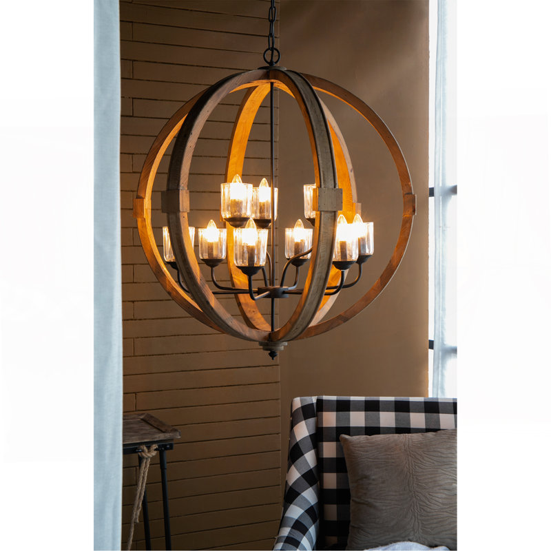 9- Light Globe Chandelier, Wood Chandelier Hanging Light Fixture with Adjustable Chain for Kitchen Dining Room Foyer Entryway, Bulb Not Included