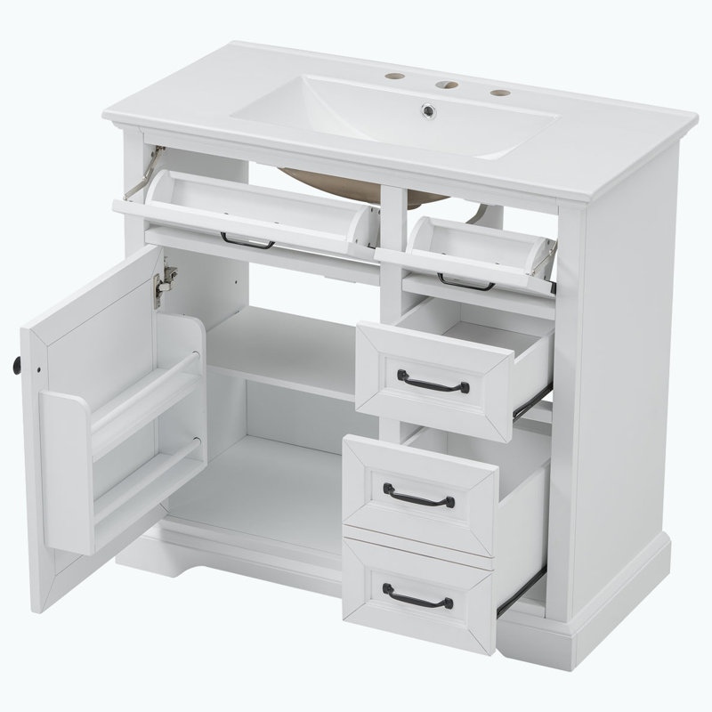Meuble-lavabo de salle de bain avec lavabo, tiroir fonctionnel, tablette de porte, Blanc