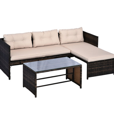 Patio Furniture - 3 Piece Outdoor With Chaise & , Plushy Seat And Cushions, Tempered Glass Table, Protected, Beige Couch Fluffy Tabletop, All-Weather,