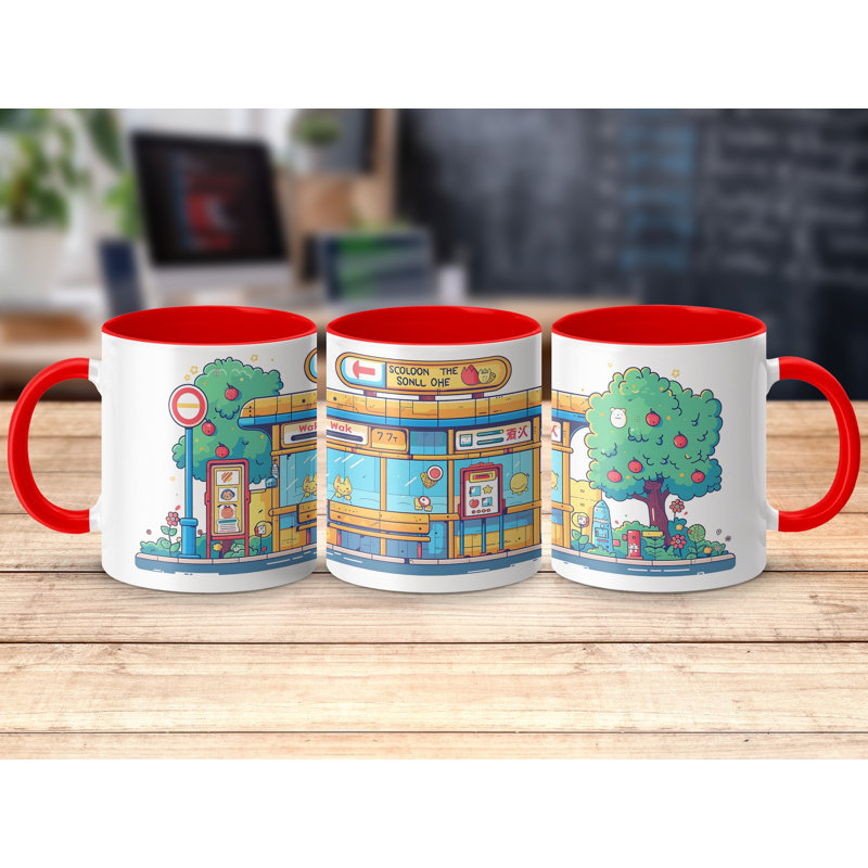 Kids Drawing Style 11oz Accent Mugs – Ceramic Coffee Cup with a Red Handle and Interior