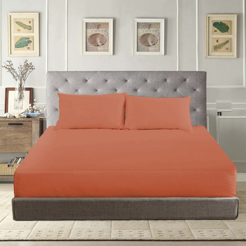 Angelka Microfiber Brushed Deep Fitted Bed Sheet, Double (4'6), Rust