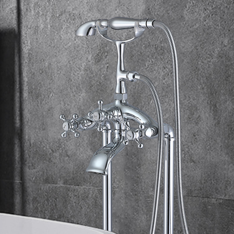 Robinet de baignoire autoportant à fixation au sol avec douche à main, Chrome