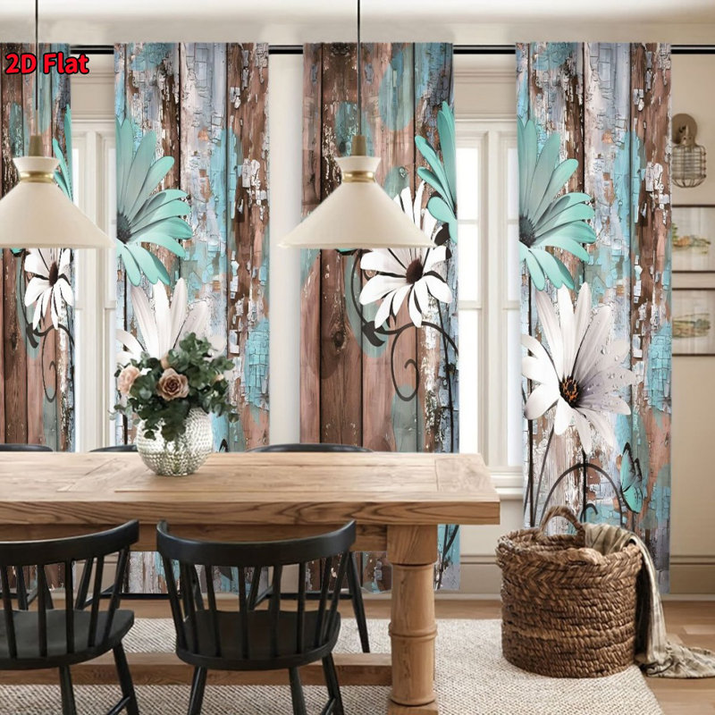 4Pcs Wood Grain Retro Blue Flower Pattern, Adopting Pocket Pole Installation, Digital Printing Curtains, Suitable for Living Room, Kitchen, Bedroom, Study, Bathroom, Hotel, Dining, Home Decoration