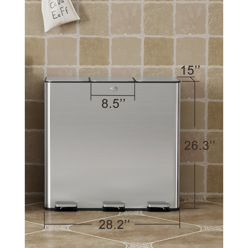 Recycle And Trash Can Combo – 60l 3-compartment Stainless Steel Garbage Can With Three 5-gallon Compartments, Separate Lids, And Foot Pedal Operation.