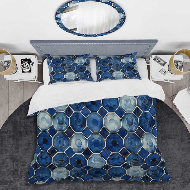 Ensemble de housse de couette moderne à imprimé hexagonal bleu et blanc VII, Housse de couette très grand et 2 très grandes t