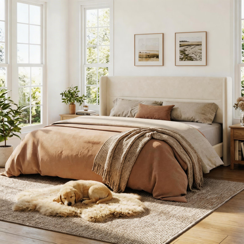 Structure de lit très grand avec tête de lit à oreilles, structure de lit tapissier en velours avec support en lattes de bois robuste, aucun sommier requis, assemblage facile, beige