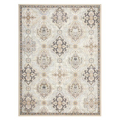 Tapis beige lavable antidérapant à motif de médaillon Tani & Country