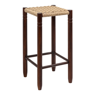 Columnar Bohemian 30" Indoor/Outdoor Teak Wood Backless Bar Stool, Woven Synthetic Rattan Seat for Patio  Kitchen Island, Dark and Light Brown