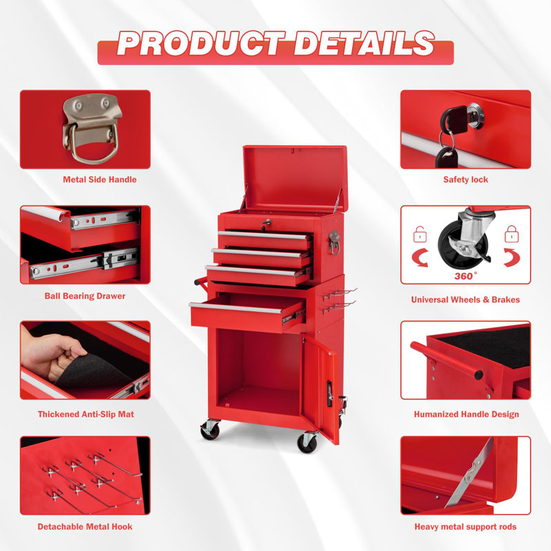  Tool Chest, Rolling Tool Chest With Wheels, Tool Chests & Cabinets With 4 Drawers, Detachable Metal Tool Cabinet With Liners And Locking System, Tool Organizer Box For Garage Workshop