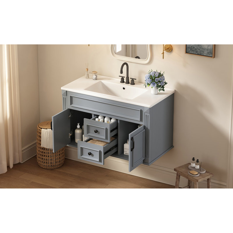 Meuble-lavabo mural 36 po avec lavabo et tiroirs en céramique, meuble-lavabo simple de style français avec charnières à fermeture douce