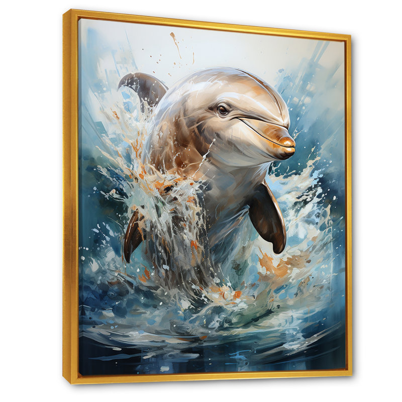 Dolphin Elegance - Art mural dauphin, H 32 po x l 16 po x P 1 po, Cadre flottant doré