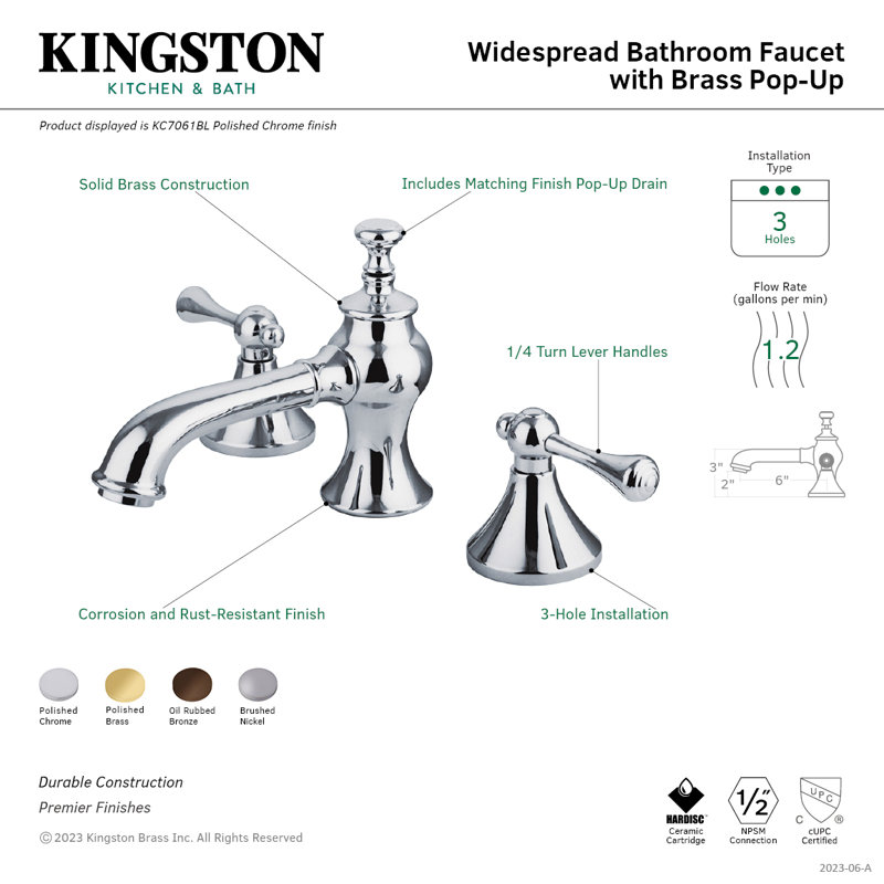 Kingston Brass English Country Two-Handle 3-Hole Deck Mount Widespread Bathroom Faucet with Brass Pop-Up Drain