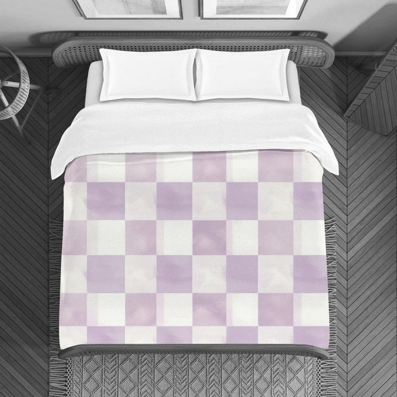 Housse de couette à carreaux, Housse de couette pour lit simple, Mauve/blanc