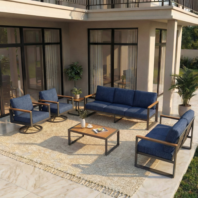 Ensemble de mobilier d'extérieur en aluminium 6 pièces, 2 chaises berçantes pivotantes, banc à 3 places, banc à 2 places, table basse et table d'appoint, ensemble de conversation modulaire pour patio avec coussins épais