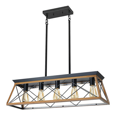 32" Walnut Industrial 5-Light Linear Pendant Chandelier, Modern Metal Cage Ceiling Light Fixture for Kitchen Island, Dining Room, Living Room