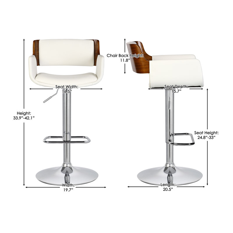 Swivel Upholstered and Faux Leather Adjustable Height Bar Stool, White