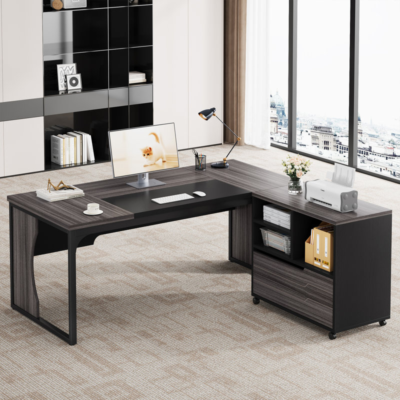 63''W L-Shaped Executive Computer Desk With Mobile Filing Cabinet, Gray and Black