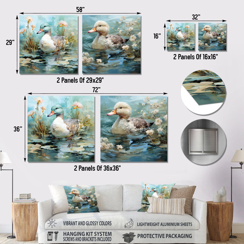 Emerald Duck Floral Pond Reflections I - Duck, H 16 po x l 32 po