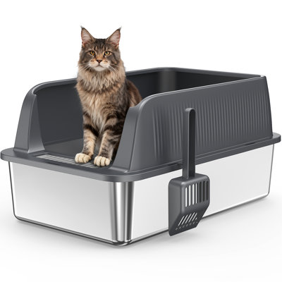 Cat Litter Box Of Stainless Steel And Abs, High - Sided To Keep In Place, Hooked For Easy Storage, Odour , Clean, 23.06 Deep, 14.64 Wide, 10.31 High, 3.27 Lb With , Design Leakage, , Ash Brown, Depth,