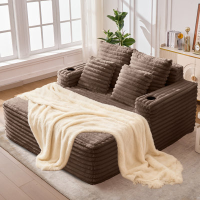53" Brown corduroy Chaise Lounge sofa bed, deep seat, with pillow, armrests, and cup holder, no assembly needed