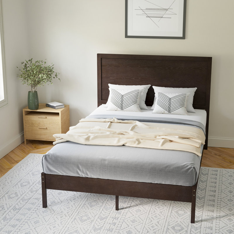 Eymen Modern Solid Wood Platform Bed with Wooden Slats and Headboard, Dark Brown, Full