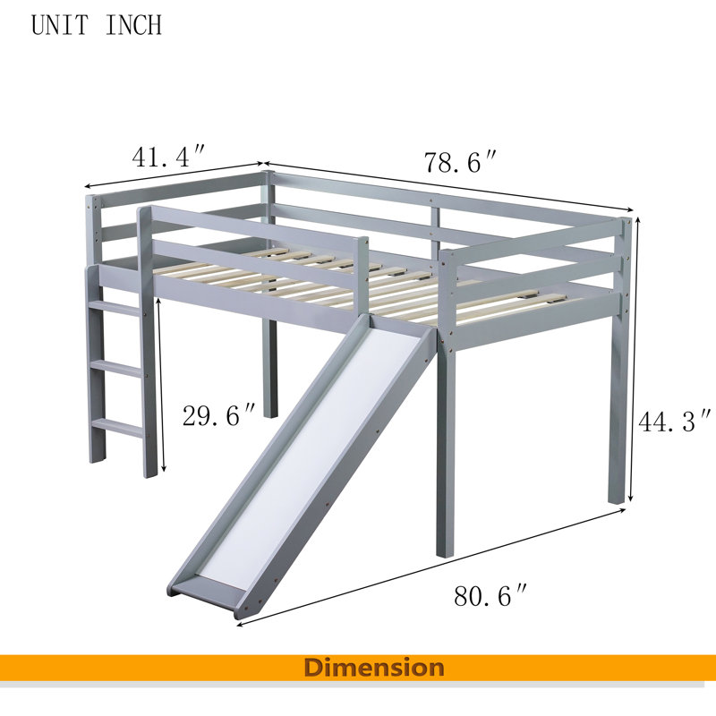 Lit simple mezzanine bas avec glissade, échelle, barrières de sécurité, lit mezzanine simple en bois d'hévéa, Gris